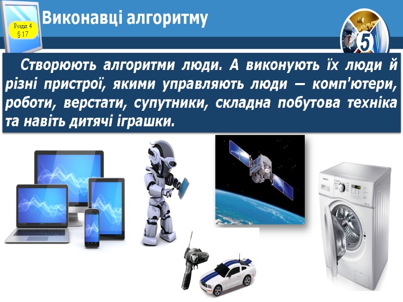 Виконавці алгоритму Створюють алгоритми люди. А виконують їх люди й різні пристрої, якими управляють